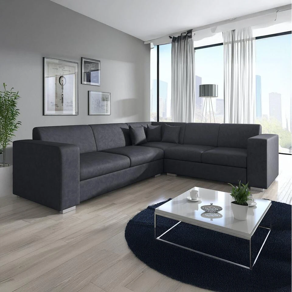 Meubella - Hoekbank Santana - Zwart - Leer - Rechts 3 Meubella - Hoekbank Santana - Zwart - Leer - Rechts - Afbeelding 3