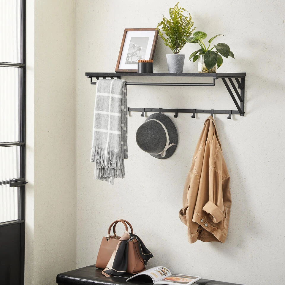 ACAZA Wandkapstok Met Plank En 7 Haken, Metaal En Hout, Zwart 2 ACAZA Wandkapstok Met Plank En 7 Haken, Metaal En Hout, Zwart - Afbeelding 2