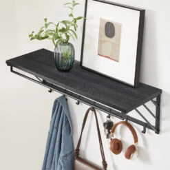 ACAZA Wandkapstok Met Plank En 7 Haken, Metaal En Hout, Zwart 6 ACAZA Wandkapstok Met Plank En 7 Haken, Metaal En Hout, Zwart -Leenbakker Winkel 1000034357 0102