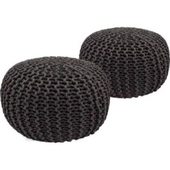 Poef - SET 2 Stuks - Ø 55 Cm X H 37 Cm - Antraciet - Grof Gebreide Look