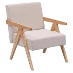 Fauteuil Van Massief Hout En Beige Stof