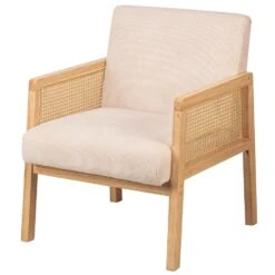 Salonstoel Met Rieten Bekleding En Beige Fluweel