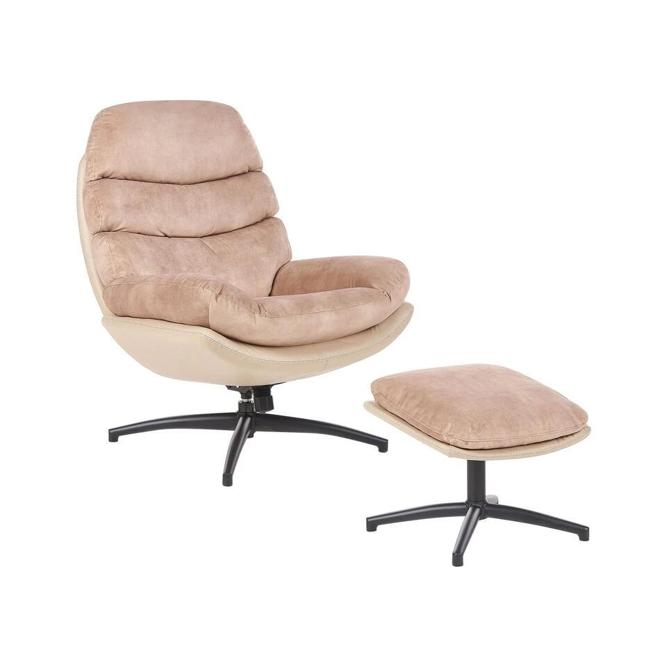 EIDE - Fauteuil Met Hocker - Beige - Fluweel 1 EIDE - Fauteuil Met Hocker - Beige - Fluweel
