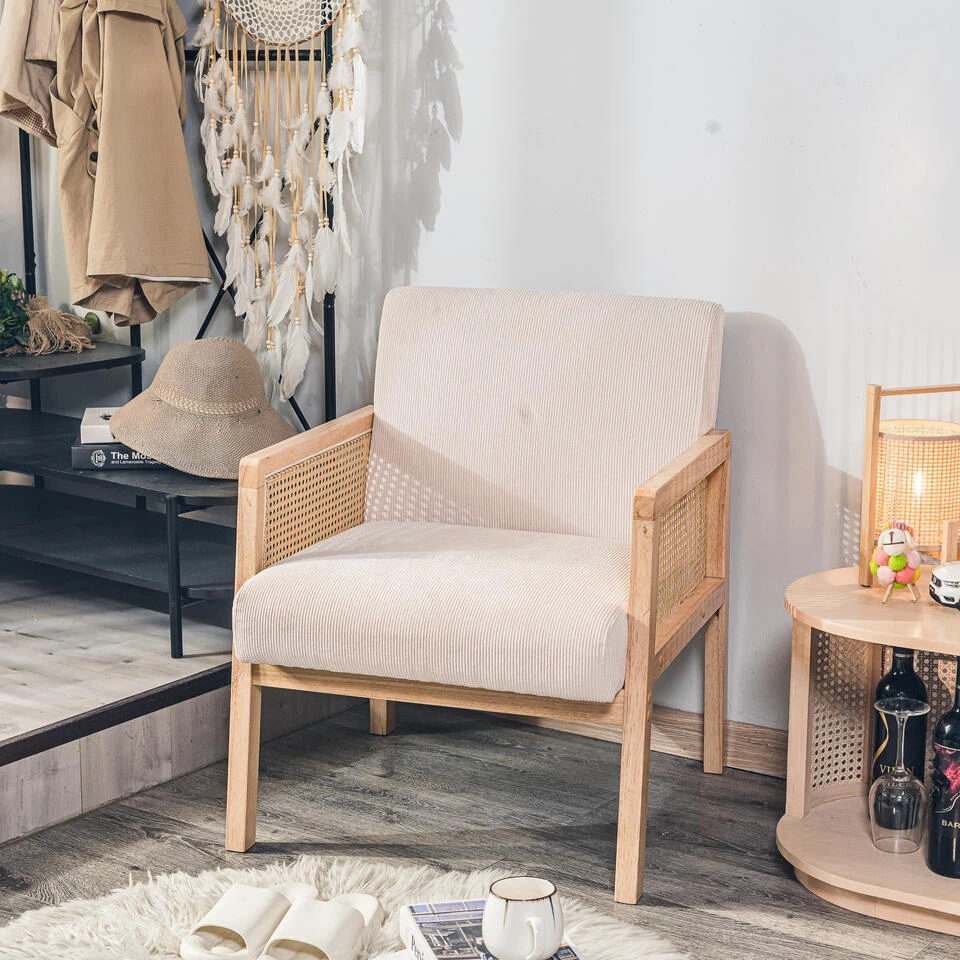 Salonstoel Met Rieten Bekleding En Beige Fluweel 4 Salonstoel Met Rieten Bekleding En Beige Fluweel - Afbeelding 4