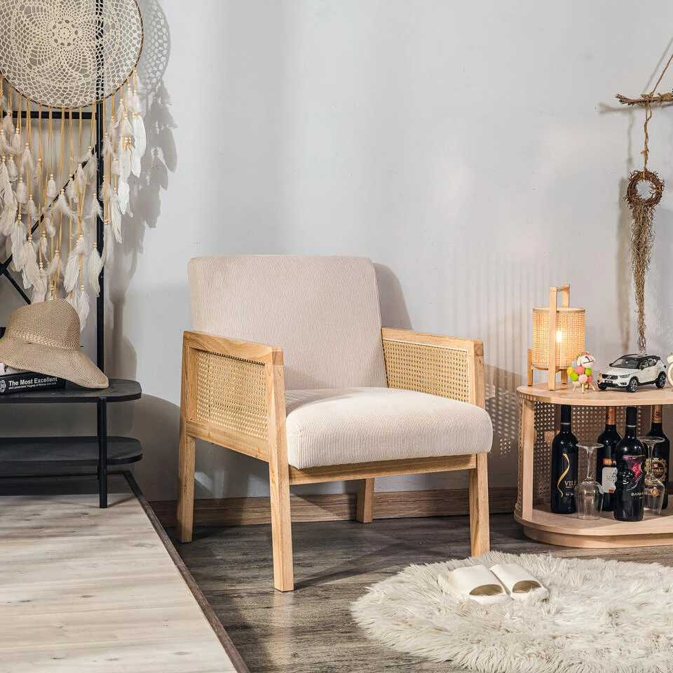 Salonstoel Met Rieten Bekleding En Beige Fluweel 2 Salonstoel Met Rieten Bekleding En Beige Fluweel - Afbeelding 2