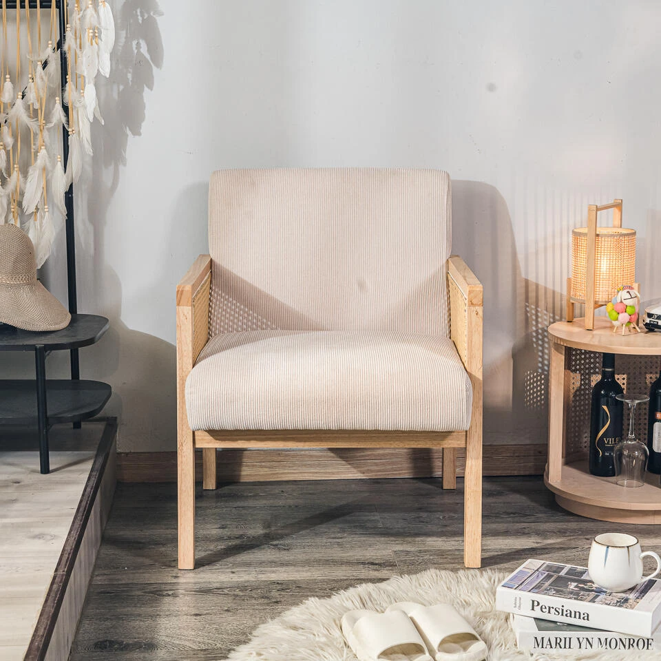 Salonstoel Met Rieten Bekleding En Beige Fluweel 6 Salonstoel Met Rieten Bekleding En Beige Fluweel - Afbeelding 6