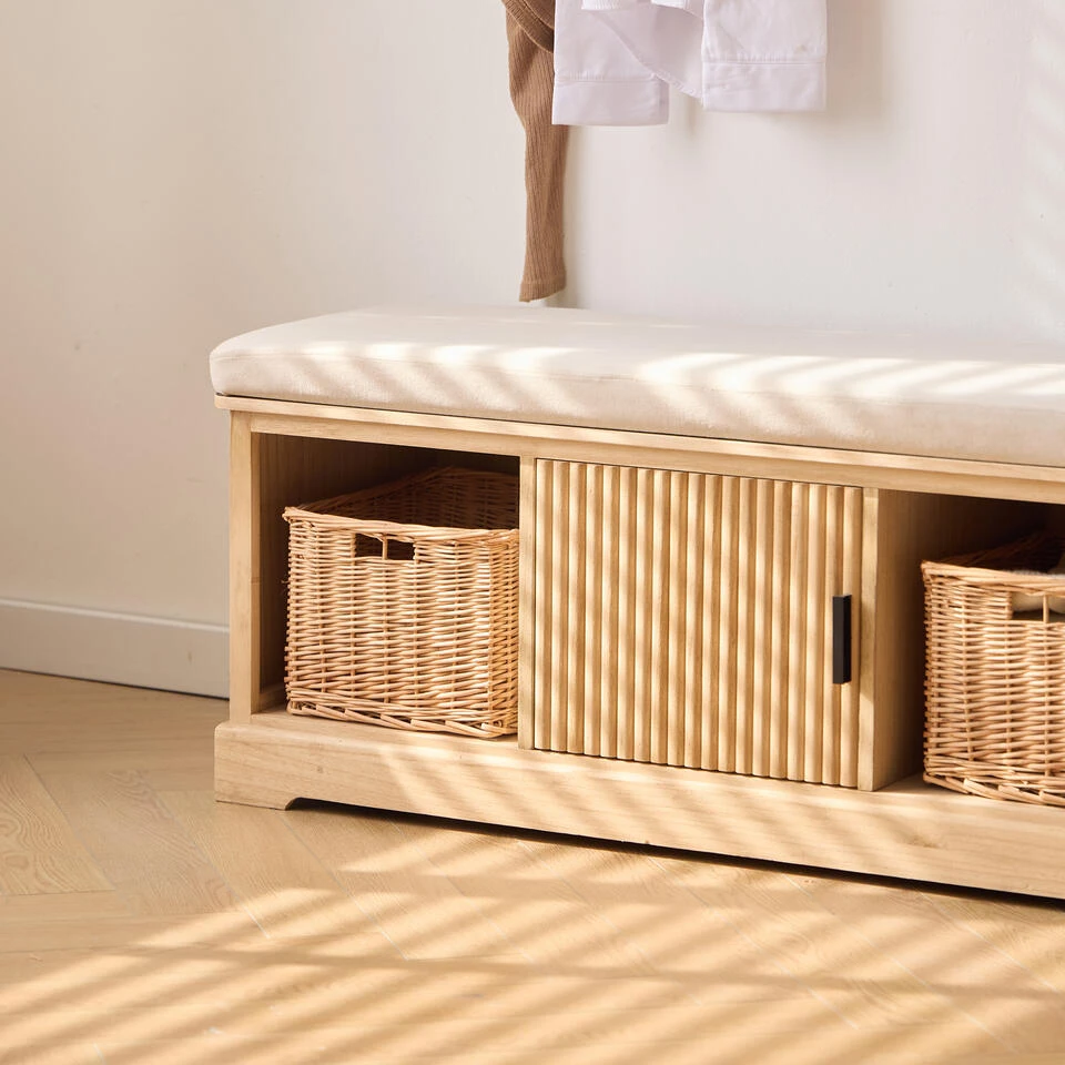 Houten Halbank Met 1 Deur En 2 Opbergvakken Met Beige Fluwelen 8 Houten Halbank Met 1 Deur En 2 Opbergvakken Met Beige Fluwelen - Afbeelding 8