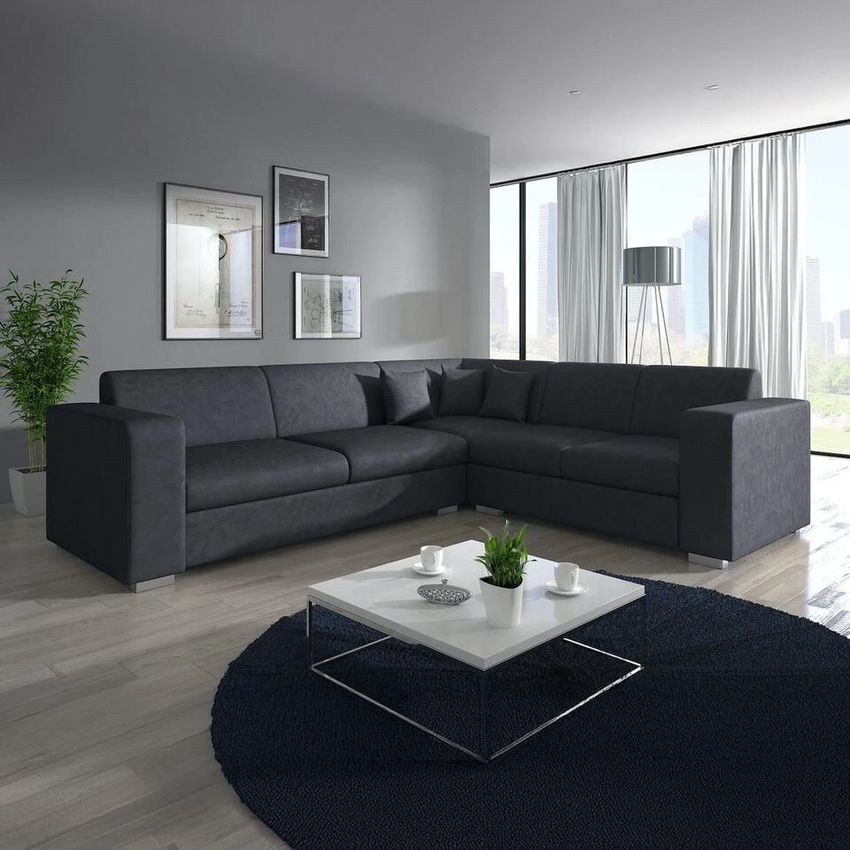 Meubella - Hoekbank Santana - Zwart - Leer - Rechts 2 Meubella - Hoekbank Santana - Zwart - Leer - Rechts - Afbeelding 2