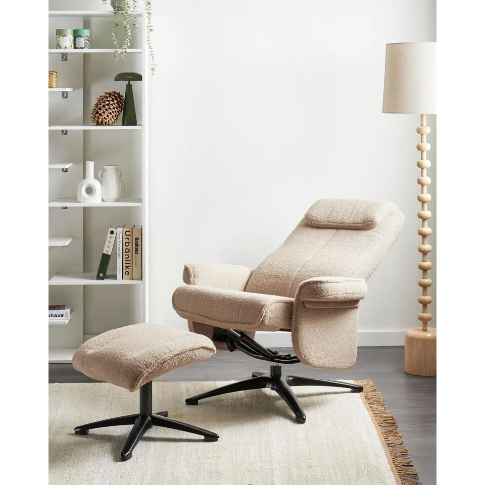 GERAS - Relaxfauteuil Met Voetenbank - Beige - Bouclé 2 GERAS - Relaxfauteuil Met Voetenbank - Beige - Bouclé - Afbeelding 2