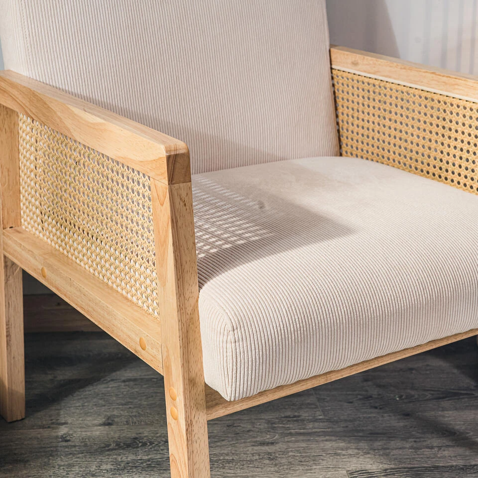 Salonstoel Met Rieten Bekleding En Beige Fluweel 3 Salonstoel Met Rieten Bekleding En Beige Fluweel - Afbeelding 3