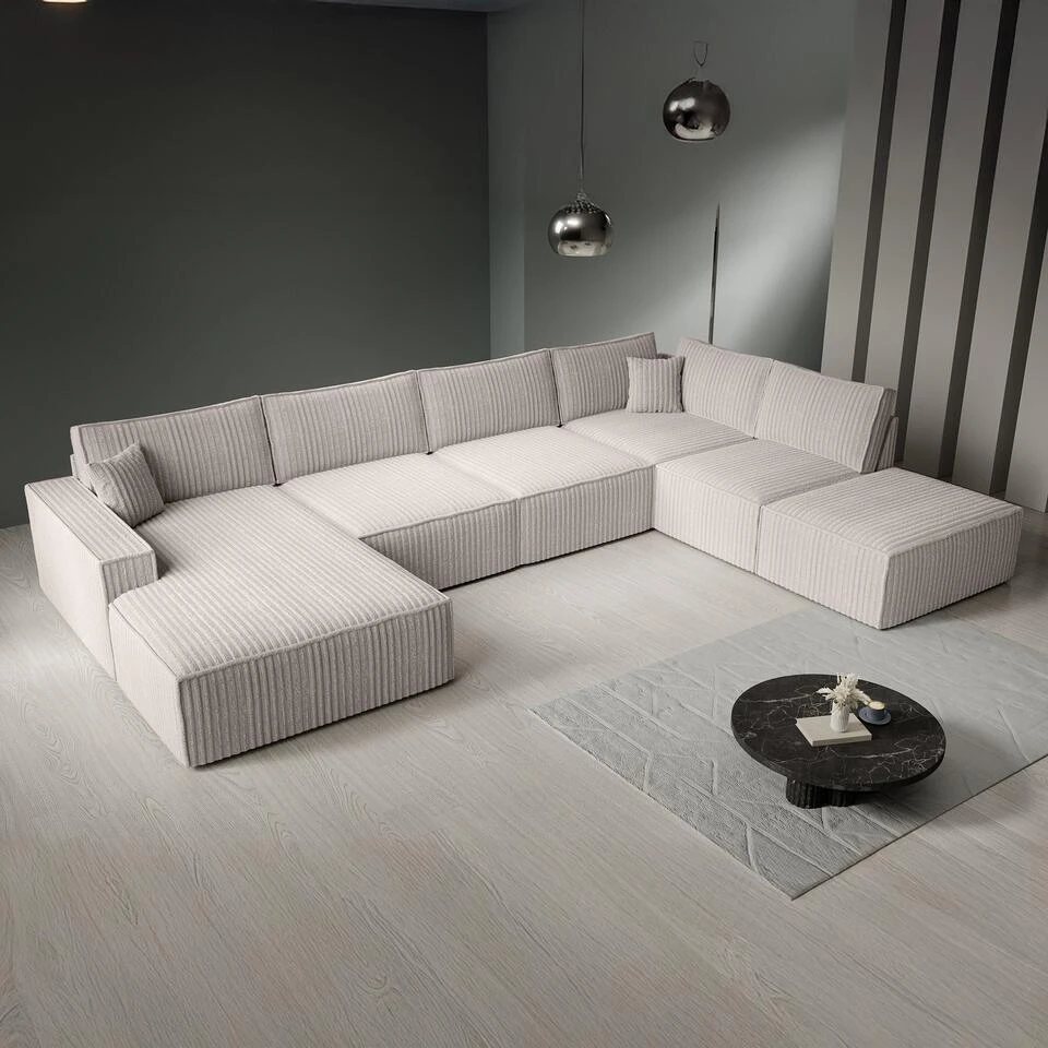 Meubella - Manolo - Hoekbank 5-zits Met Chaise Longue - Ribstof Beige - Links 4 Meubella - Manolo - Hoekbank 5-zits Met Chaise Longue - Ribstof Beige - Links - Afbeelding 4