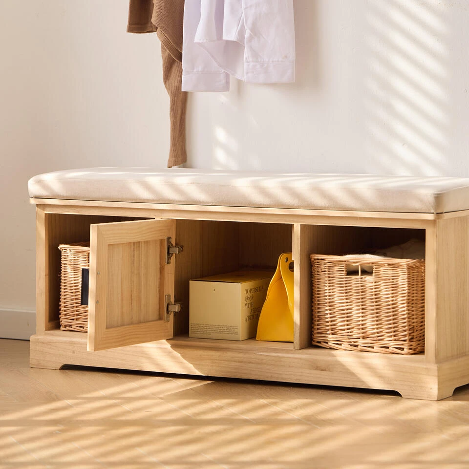 Houten Halbank Met 1 Deur En 2 Opbergvakken Met Beige Fluwelen 4 Houten Halbank Met 1 Deur En 2 Opbergvakken Met Beige Fluwelen - Afbeelding 4