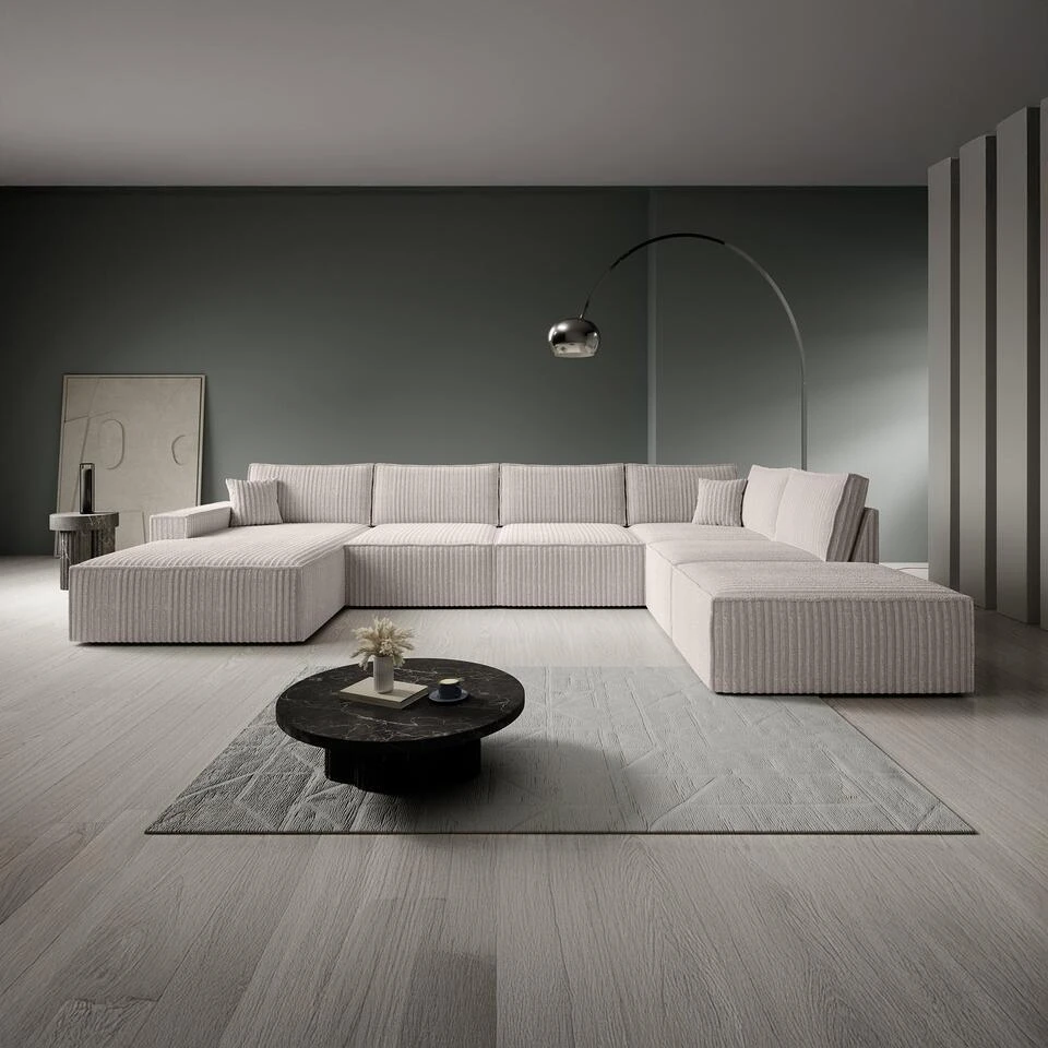 Meubella - Manolo - Hoekbank 5-zits Met Chaise Longue - Ribstof Beige - Links 2 Meubella - Manolo - Hoekbank 5-zits Met Chaise Longue - Ribstof Beige - Links - Afbeelding 2