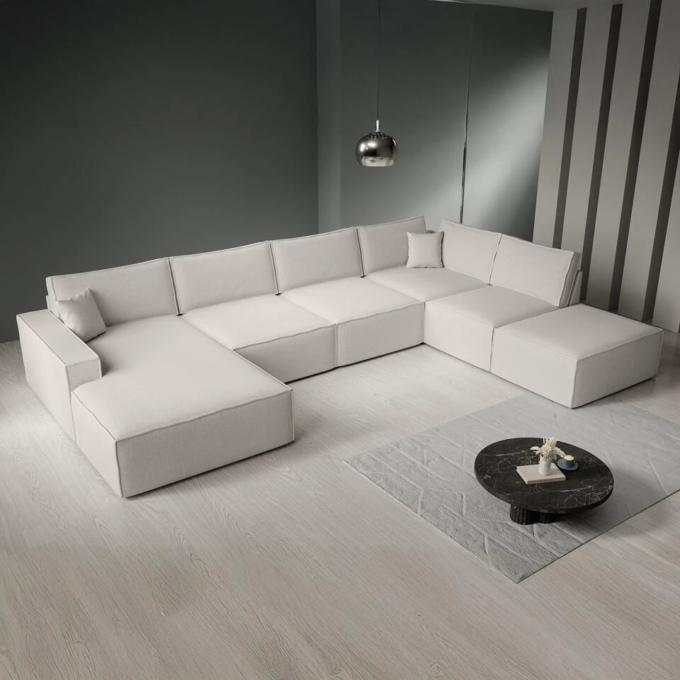 Meubella - Manolo - Hoekbank 5-zits Met Chaise Longue - Stof Beige - Links 4 Meubella - Manolo - Hoekbank 5-zits Met Chaise Longue - Stof Beige - Links - Afbeelding 4