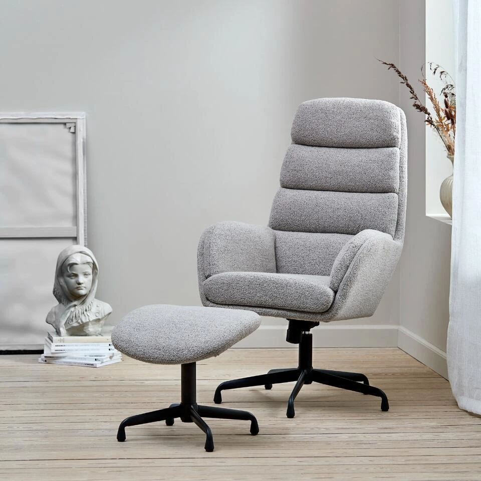 Fauteuil Bouclé Taupe/Zwart - Voetenbank - 70x77x110cm - Sifton 2 Fauteuil Bouclé Taupe/Zwart - Voetenbank - 70x77x110cm - Sifton - Afbeelding 2