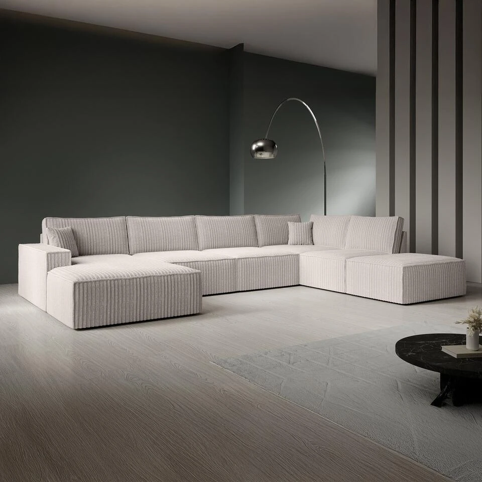 Meubella - Manolo - Hoekbank 5-zits Met Chaise Longue - Ribstof Beige - Links 3 Meubella - Manolo - Hoekbank 5-zits Met Chaise Longue - Ribstof Beige - Links - Afbeelding 3