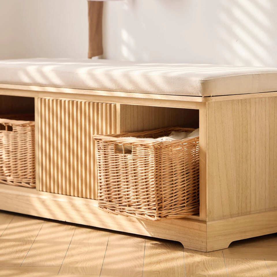 Houten Halbank Met 1 Deur En 2 Opbergvakken Met Beige Fluwelen 3 Houten Halbank Met 1 Deur En 2 Opbergvakken Met Beige Fluwelen - Afbeelding 3